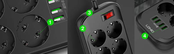 Listwa zasilająca 6 Gniazd 4x USB Przedłużacz BJ3
