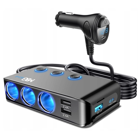 Rozgałęźnik rozdzielacz rozgałęziacz gniazd zapalniczki 3 gniazda woltomierz USB-C Quick Charge 12V 24V BJ1