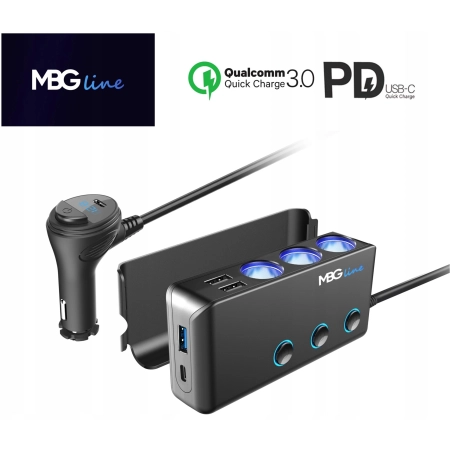 Rozgałęźnik rozdzielacz rozgałęziacz gniazd zapalniczki 3 gniazda woltomierz USB-C Quick Charge 12V 24V BJ1