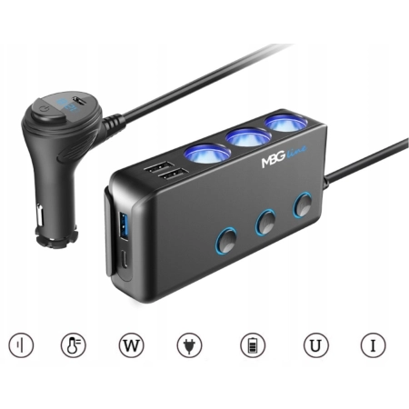 Rozgałęźnik rozdzielacz rozgałęziacz gniazd zapalniczki 3 gniazda woltomierz USB-C Quick Charge 12V 24V BJ1
