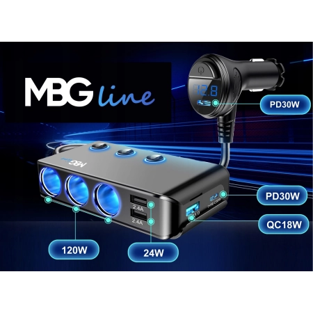 Rozgałęźnik rozdzielacz rozgałęziacz gniazd zapalniczki 3 gniazda woltomierz USB-C Quick Charge 12V 24V BJ1